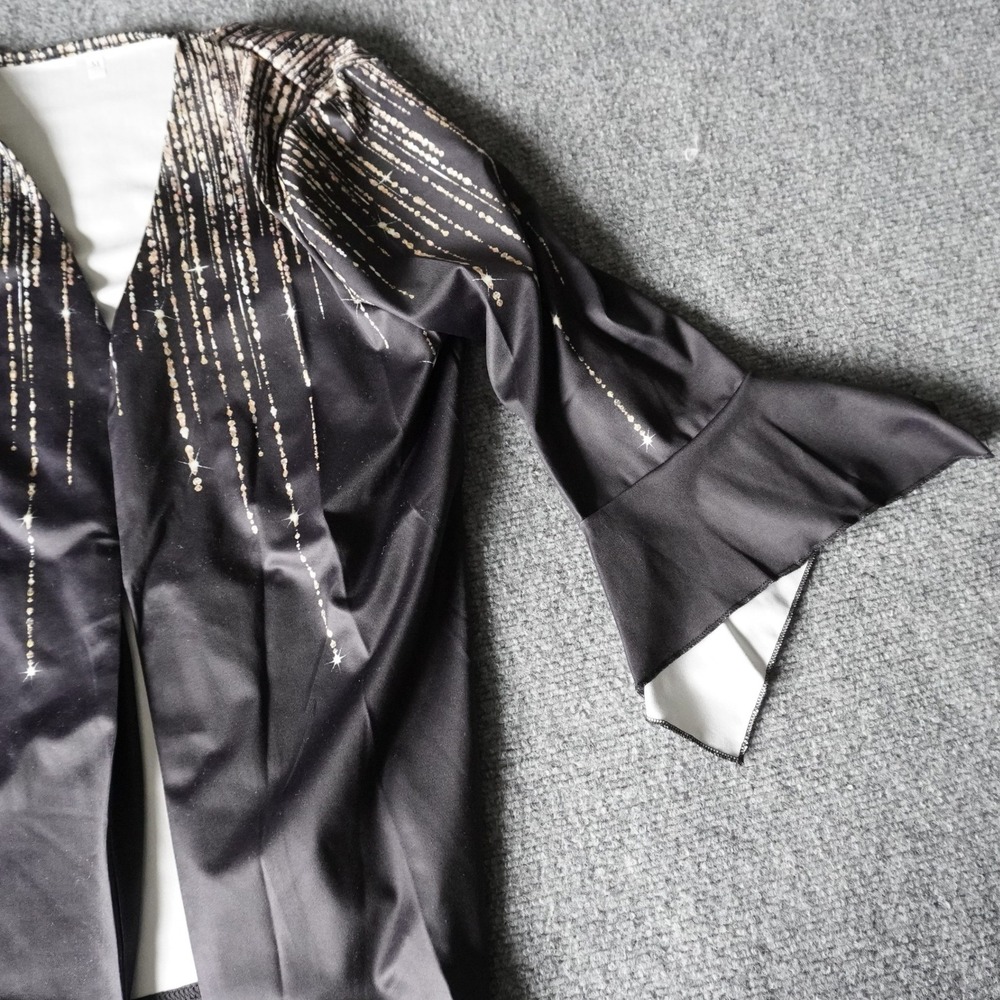 Black‎ Gold Sparkle Shimmer Kimono Jacket Open Front Bell Sleeve M - Picture 3 of 8